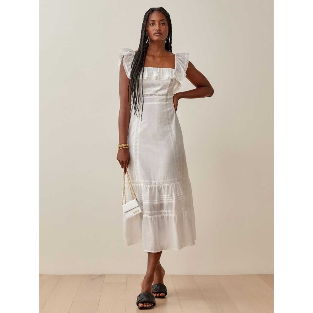Reformation Tide Midi Dress White Ruffle Cotton Tiered